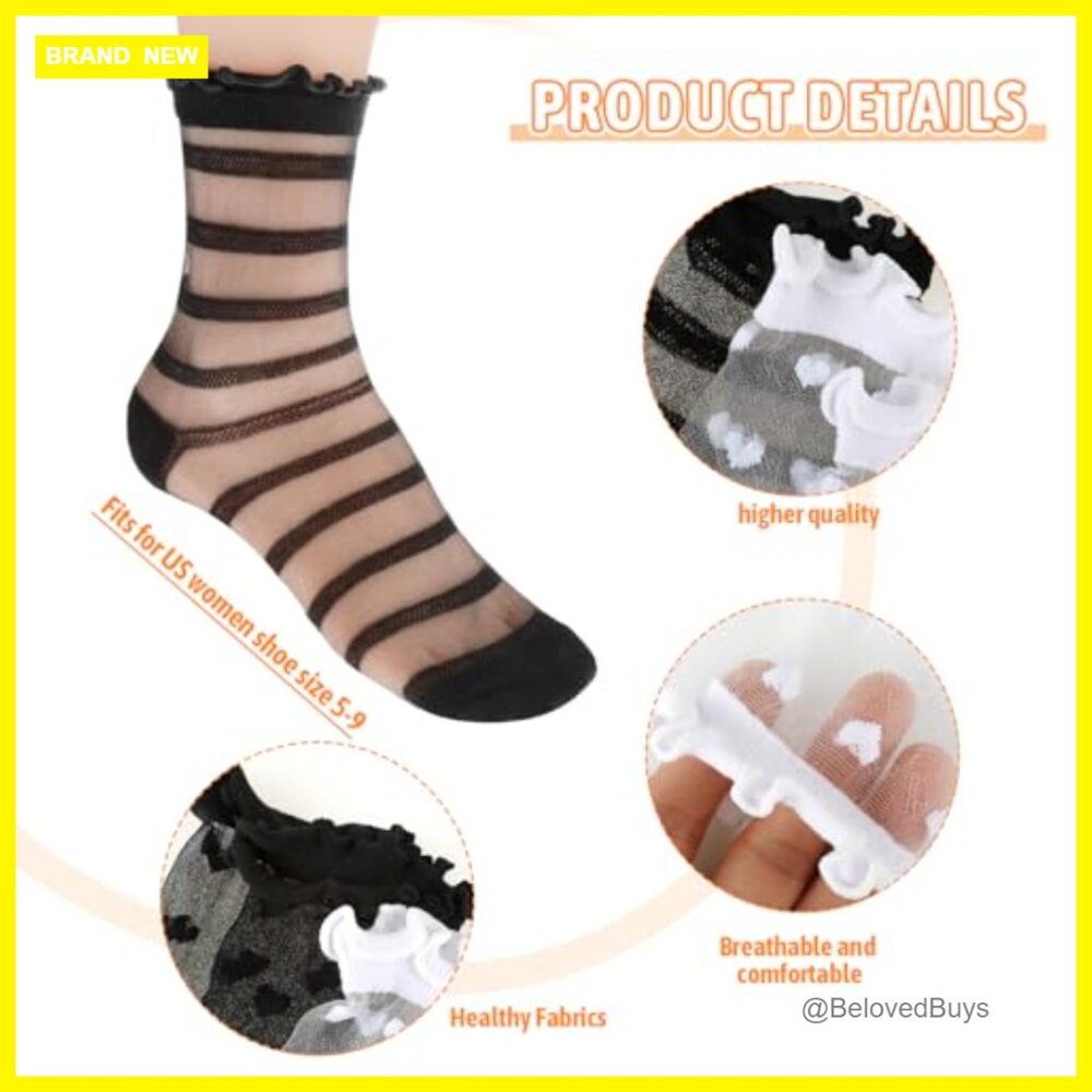 4 Pairs Sheer Ankle Socks Ultra Thin Lace Ruffle Heart Striped Transparent - Picture 4 of 7